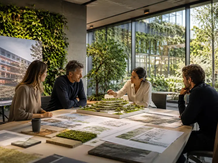 Quatre professionnels autour d’une table couverte de plans et d’une maquette végétalisée