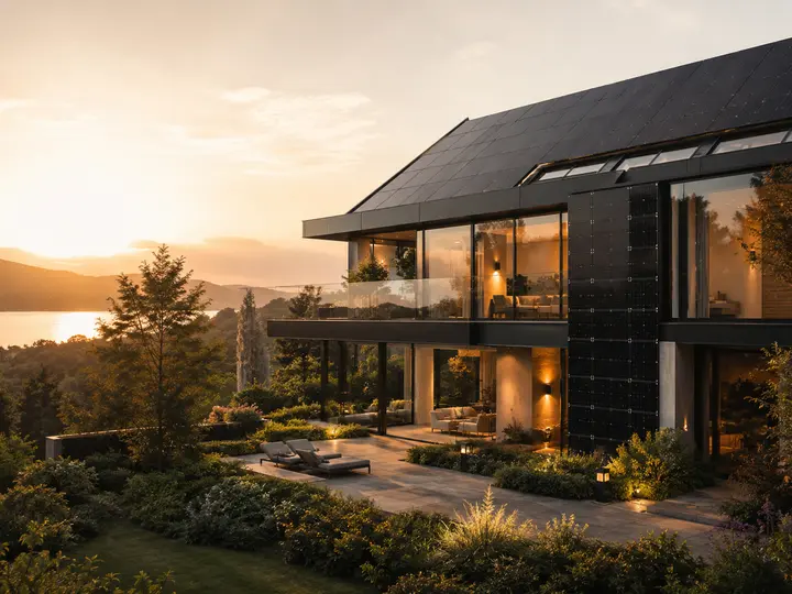 Maison contemporaine à toiture solaire au coucher du soleil, entourée de jardins