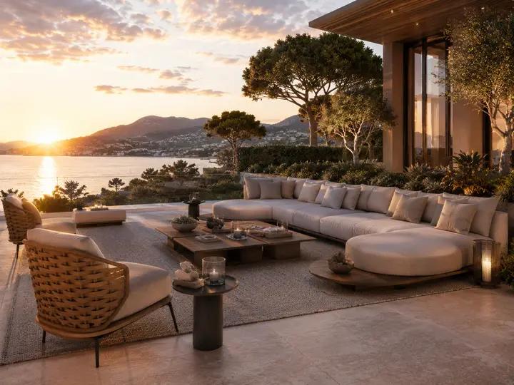 Terrasse-salon aux canapés blancs face à la mer, au coucher du soleil