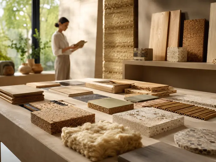 Tavolo di campioni di materiali — legno, sughero, lana, pietra — con, sullo sfondo, una donna che consulta un tablet