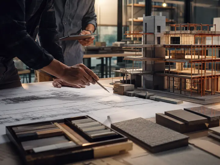Una persona annota a penna dei disegni di progetto, accanto al plastico di un edificio in cemento e acciaio e a campioni di materiali; un’altra tiene un tablet