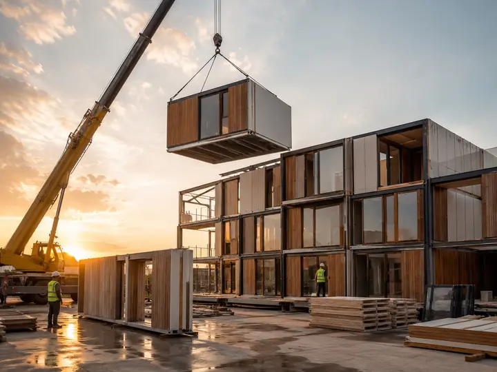 Kran setzt bei Sonnenuntergang ein vorgefertigtes Wohnmodul auf einer Baustelle ab