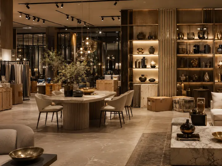 Showroom für Innenarchitektur mit Steintisch, Stühlen und beleuchteten Regalen voller Keramik