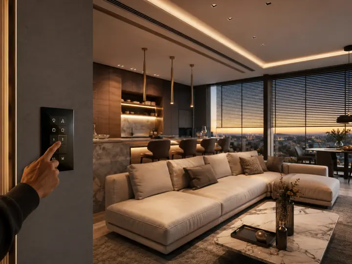 Hand drückt ein Smart-Home-Bedienfeld in einem modernen Wohnzimmer