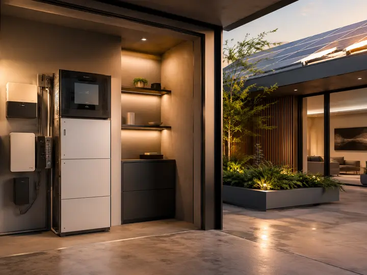 Batteriespeicher und Elektrotechnik in einem Technikraum, der zu einem Haus mit Solarmodulen hin offen ist