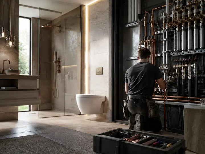 Techniker kniet vor einer Rohrinstallation neben einem Badezimmer