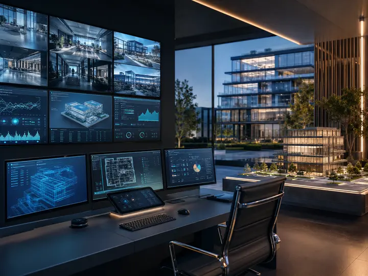 Postazione di controllo: schermi con dashboard e piante 3D di fronte al plastico di un edificio vetrato.