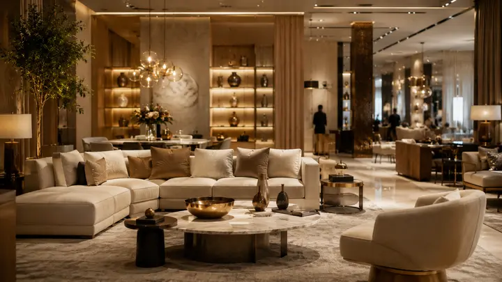 Salotto con divani avorio, tavolino in marmo e scaffali illuminati in uno showroom di arredamento.