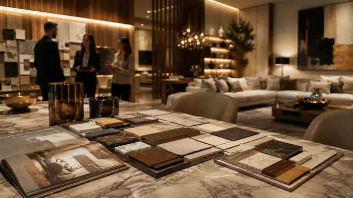 Campioni di marmo, pietra e legno su un tavolo di showroom, con tre persone che conversano sullo sfondo